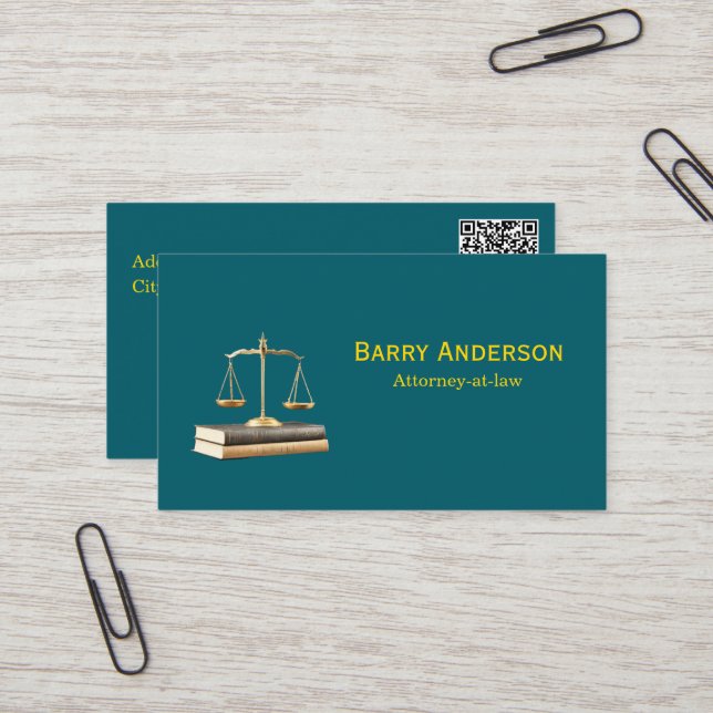 Attorney Justice Scales & Books with QR code Business Card (Front/Back In Situ)