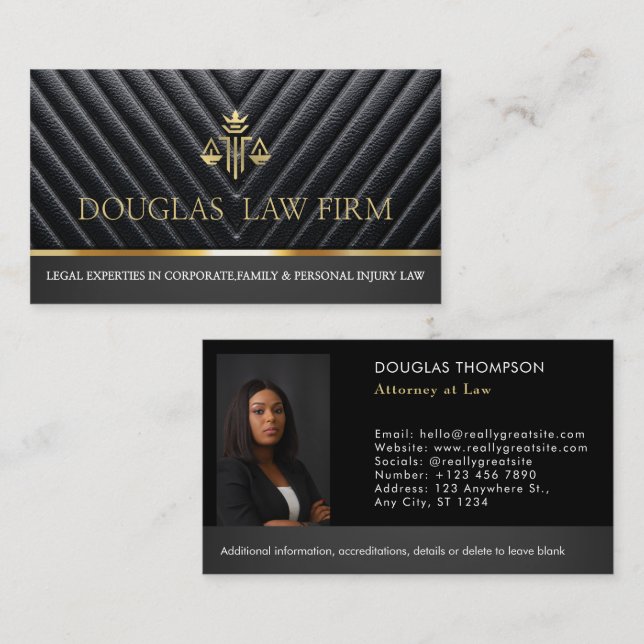 Attorney Law Firm Lawyer Photo black leather Business Card (Front/Back)