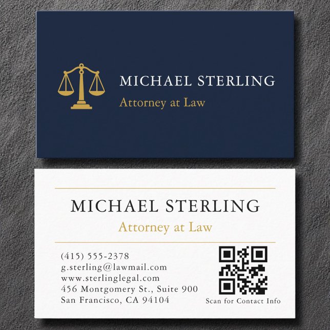 Attorney Law Firm Navy Blue Gold QR Code  Business Card (Creator Uploaded)