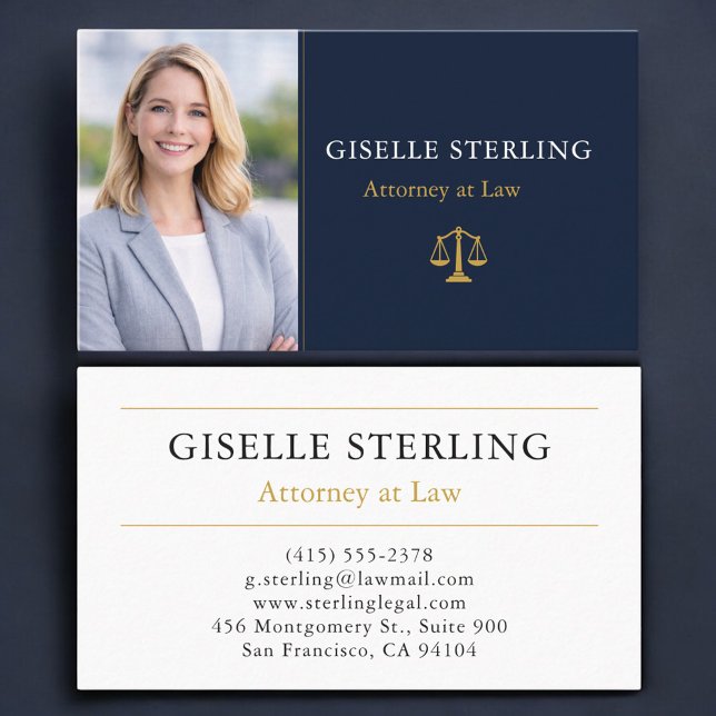 Attorney Law Firm Photo Navy Blue Gold Business Card (Creator Uploaded)