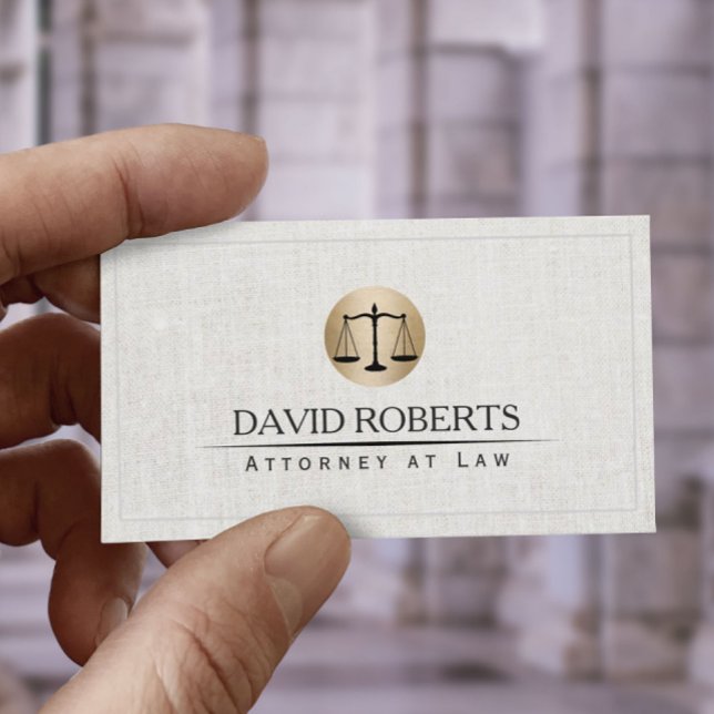 Attorney Lawyer Gold Law Scale Logo Elegant Linen Business Card (Creator Uploaded)