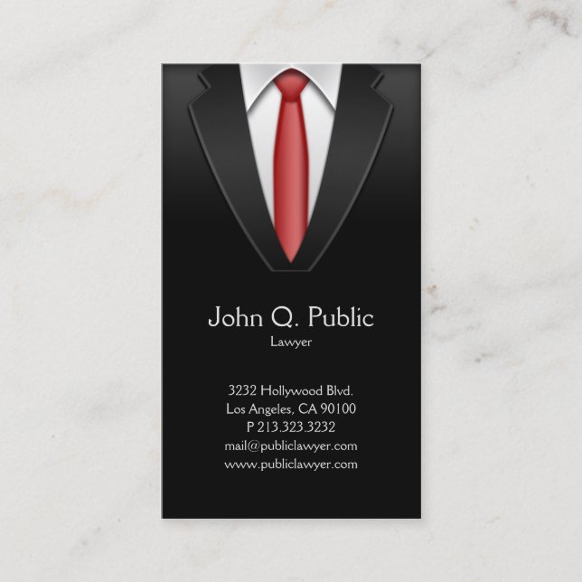 Attorney Lawyer Tailor Black Suit Red Tie Business Card (Front)