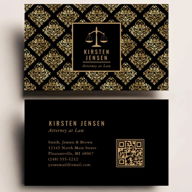 Attorney QR Code Black Gold Damask Pattern Business Card (Creator Uploaded)