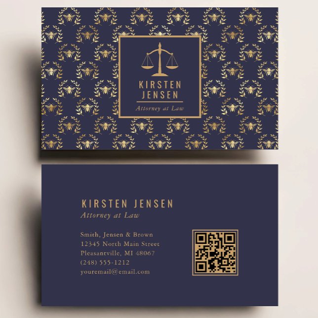 Attorney QR Code Dark Blue Gold Bee Laurel Pattern Business Card (Creator Uploaded)
