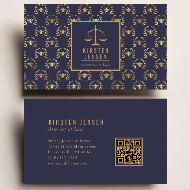 Attorney QR Code Dark Blue Gold Bee Laurel Pattern Business Card (Creator Uploaded)