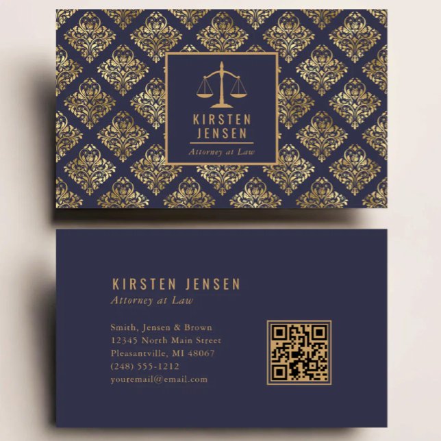 Attorney QR Code Dark Blue Gold Damask Pattern Business Card (Creator Uploaded)
