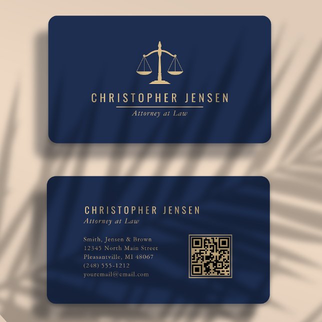 Attorney QR Code Navy Blue Gold Scales Rounded Business Card (Creator Uploaded)