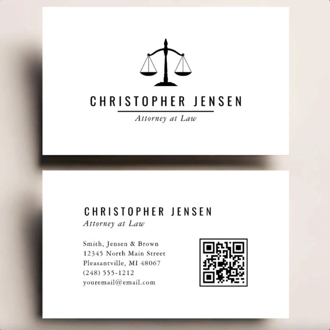 Attorney QR Code White Black Scales Simple Business Card (Creator Uploaded)