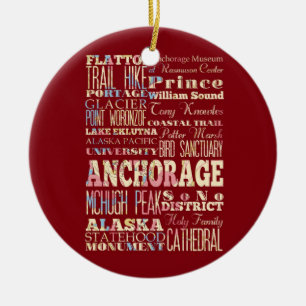 Attractions & Famous Places of Anchorage, Alaska. Ceramic Tree Decoration