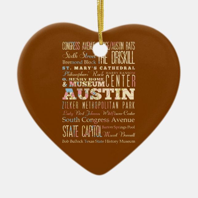 Attractions & Famous Places of  Austin, Texas. Ceramic Tree Decoration (Front)