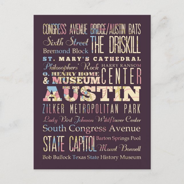 Attractions & Famous Places of Austin, Texas. Postcard (Front)