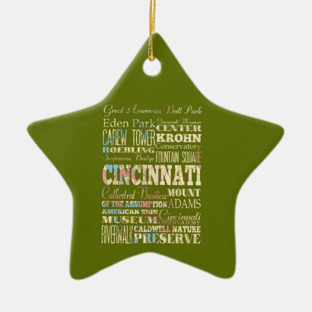 Attractions & Famous Places of Cincinnati, Ohio. Ceramic Tree Decoration (Front)
