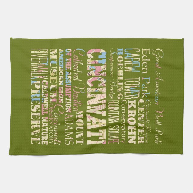 Attractions & Famous Places of Cincinnati, Ohio. Tea Towel (Horizontal)