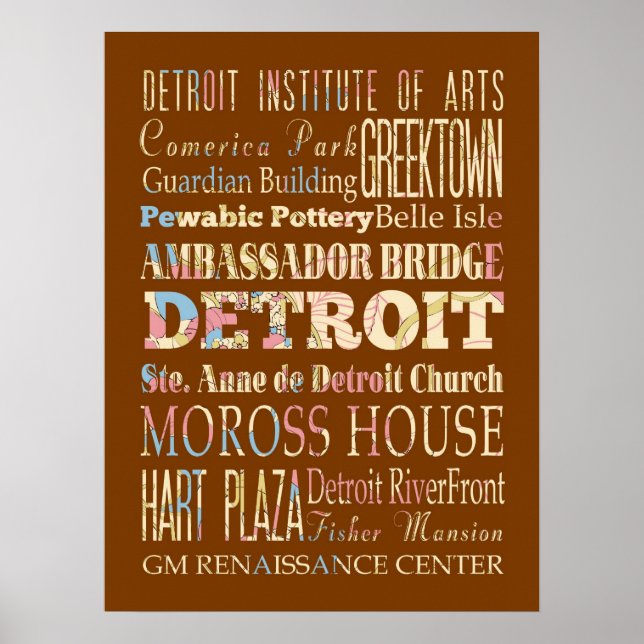Attractions & Famous Places of Detroit, Michigan. Poster (Front)