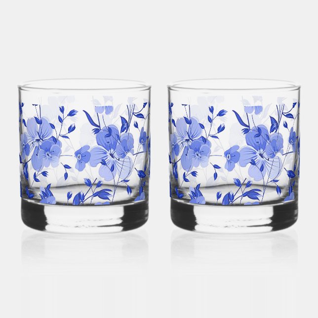 Attractive Blue Floral Print Whiskey Glass Set (Front)