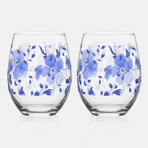 Attractive Blue Floral Stemless Wine Glass Set
