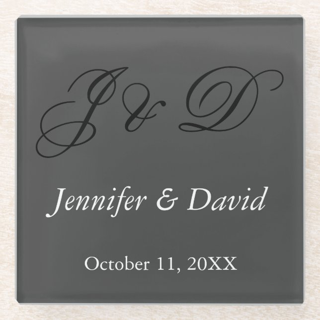 Attractive Calligraphy Script Monogram Wedding Glass Coaster (Front)