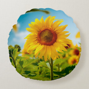 Attractive field with bright yellow sunflowers clo round cushion