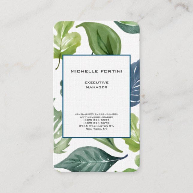 Attractive Greenery Modern Minimalist Chic Linen Business Card (Front)