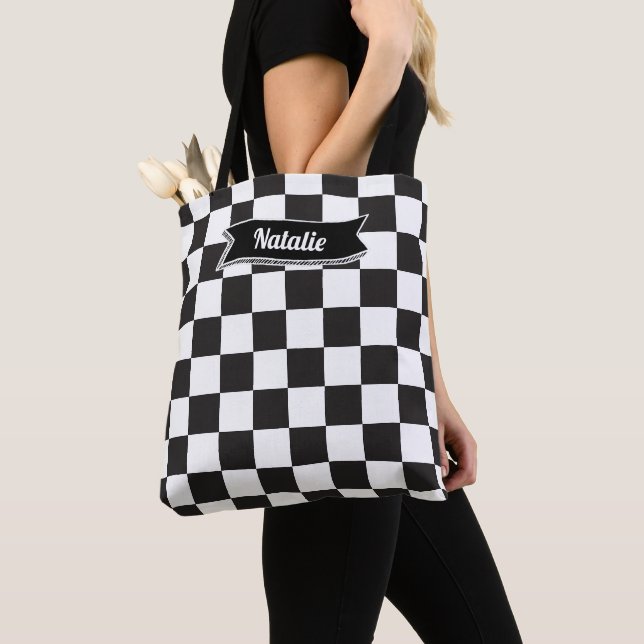 Attractive monogram Chequered Black and white Cool Tote Bag (Close Up)