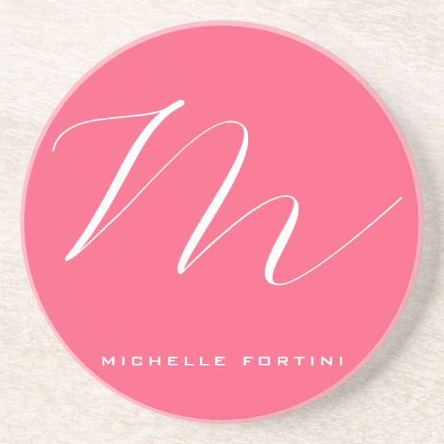 Attractive Monogram Pink White Modern Plain Coaster (Front)