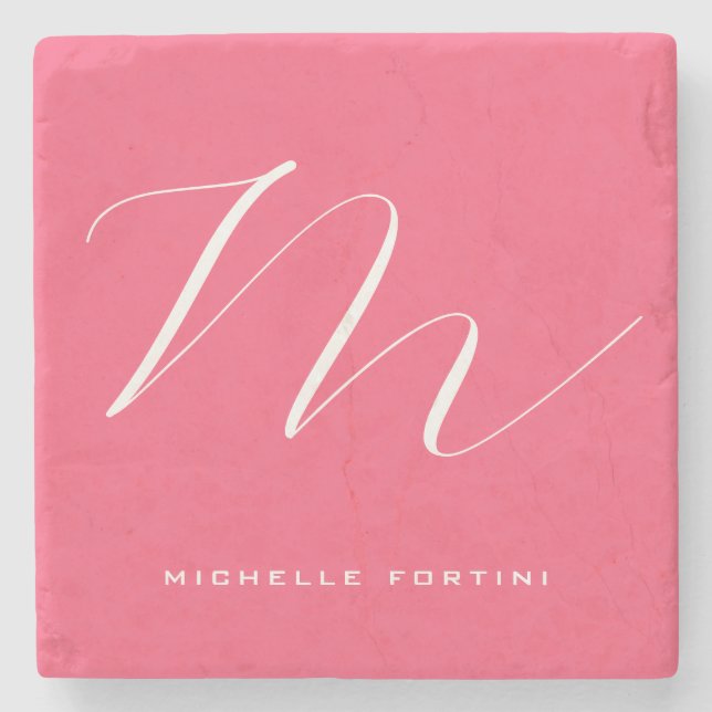 Attractive Monogram Pink White Modern Plain Stone Coaster (Front)