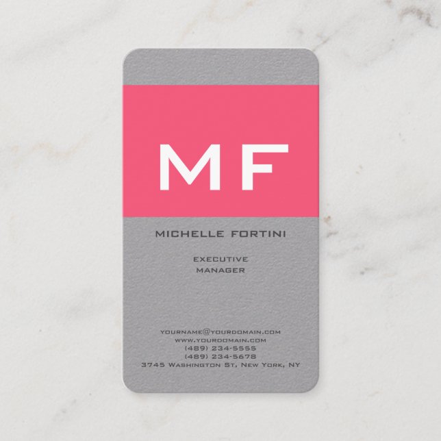 Attractive Monogram Pink White Premium Grey Business Card (Front)