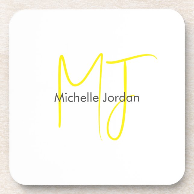 Attractive Monogram Yellow White Modern Minimalist Coaster (Front)