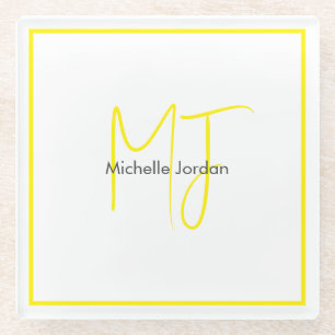 Attractive Monogram Yellow White Modern Minimalist Glass Coaster