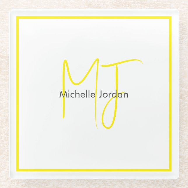 Attractive Monogram Yellow White Modern Minimalist Glass Coaster (Front)