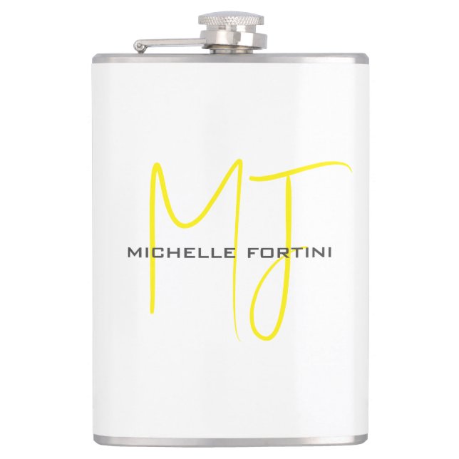 Attractive Monogram Yellow White Modern Minimalist Hip Flask (Front)