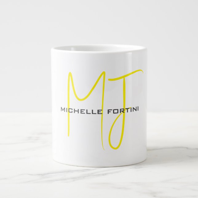 Attractive Monogram Yellow White Modern Minimalist Large Coffee Mug (Front)