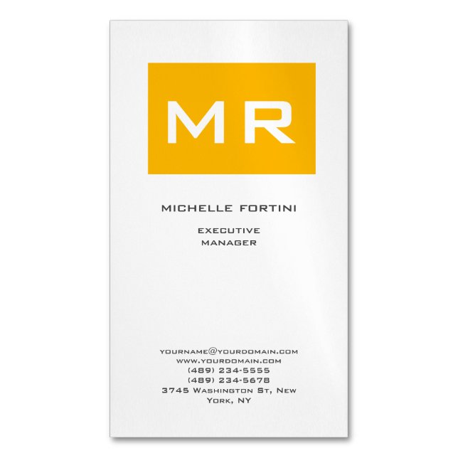 Attractive Monogram Yellow White Modern Minimalist Magnetic Business Card (Front Vertical)