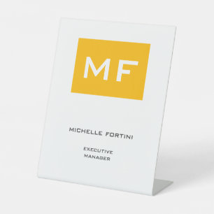 Attractive Monogram Yellow White Modern Minimalist Pedestal Sign