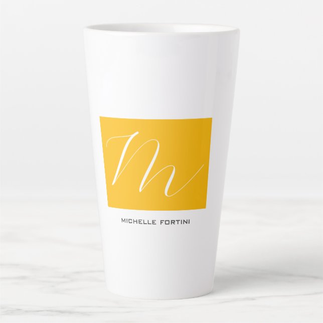 Attractive Monogram Yellow White Modern Plain Latte Mug (Front)