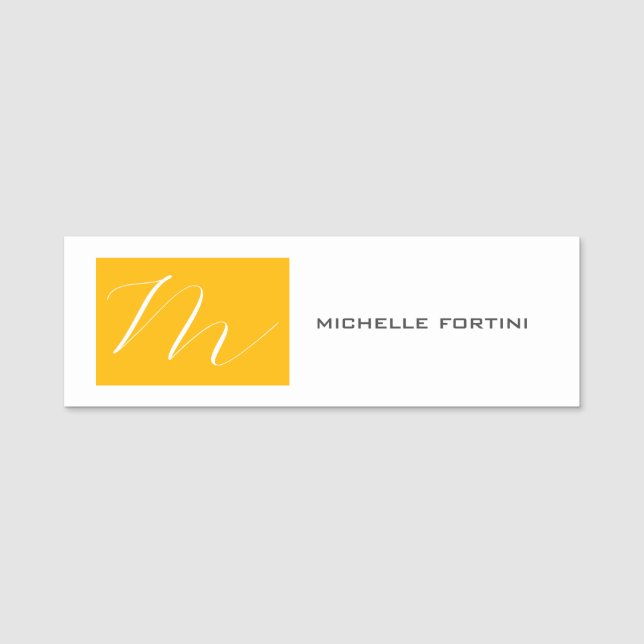 Attractive Monogram Yellow White Modern Plain Name Tag (Front)
