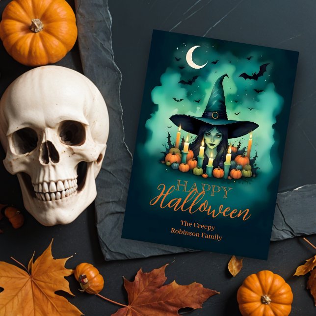 Attractive & Mystical Halloween Witch Conjures Card (Attractive & Mystical Halloween Witch Conjures Enchanting Spells Amid Glowing Candles Cards.)