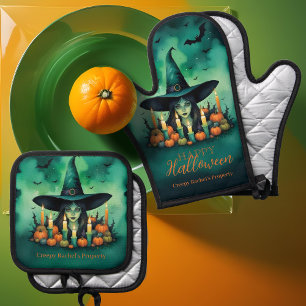 Attractive & Mystical Halloween Witch Conjures Oven Mitt & Pot Holder Set