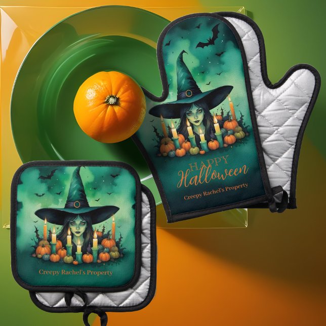 Attractive & Mystical Halloween Witch Conjures Oven Mitt & Pot Holder Set (Attractive & Mystical Halloween Witch Conjures)