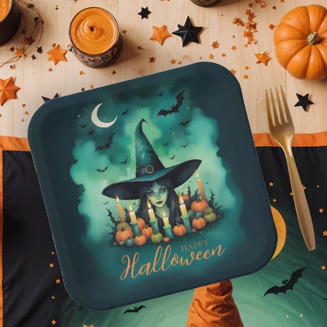 Attractive & Mystical Halloween Witch Conjures Paper Plate (Attractive & Mystical Halloween Witch Conjures Paper Plates.)