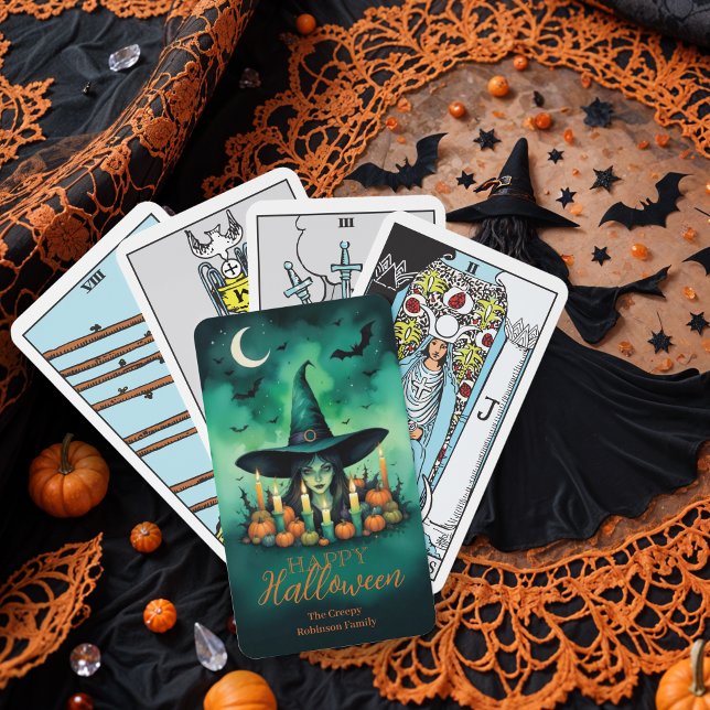Attractive & Mystical Halloween Witch Conjures Playing Cards (Attractive & Mystical Halloween Witch Conjures Enchanting Spells Amid Glowing Candles Tarot Cards.)