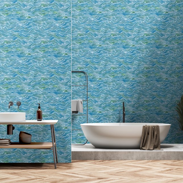 Attractive nautical watercolor Blue wave Wallpaper (Bathroom)