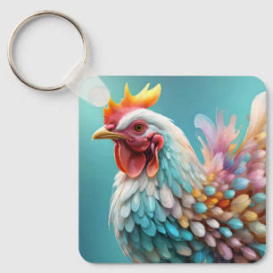 Attractive Rainbow Pastel Coloured Chicken, Key Ring