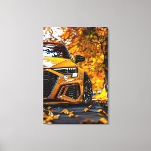 Attractive Yellow Car in Autumn Landscape Canvas Print