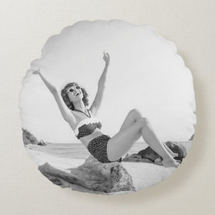 Attractive young woman in bikini on the beachvinta round cushion