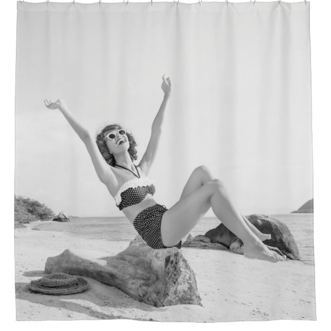 Attractive young woman in bikini on the beachvinta shower curtain (Front)