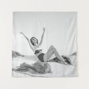 Attractive young woman in bikini on the beachvinta tapestry