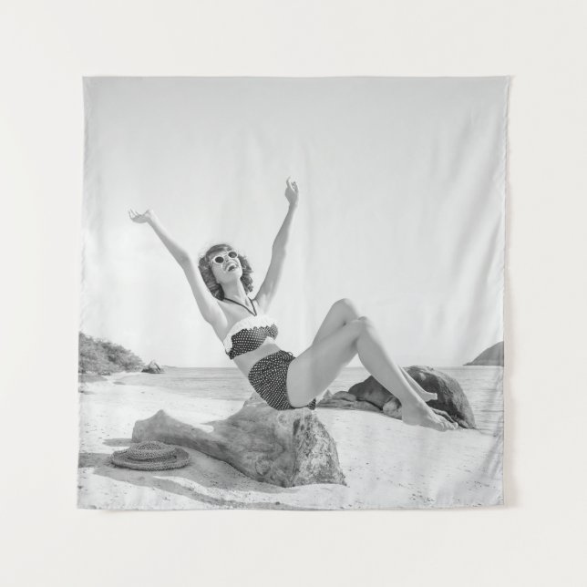 Attractive young woman in bikini on the beachvinta tapestry (Front)