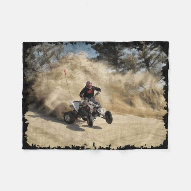 ATV on Dirt Road in Dust Cloud w/Edges Fleece Blanket (Front (Horizontal))