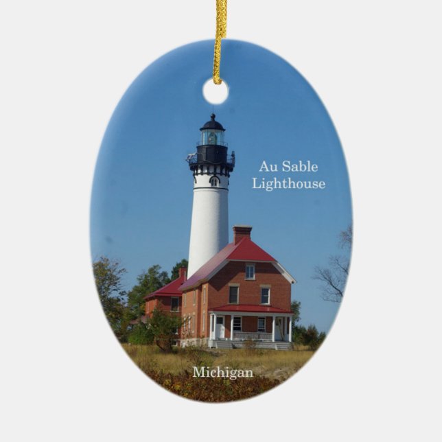 Au Sable Lighthouse Oval oranament Ceramic Tree Decoration (Front)